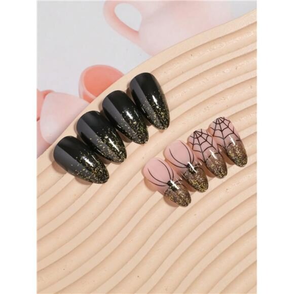 24-Piece Halloween Spider Web With Gold Glitter Press On Nails - Picture 3 of 8